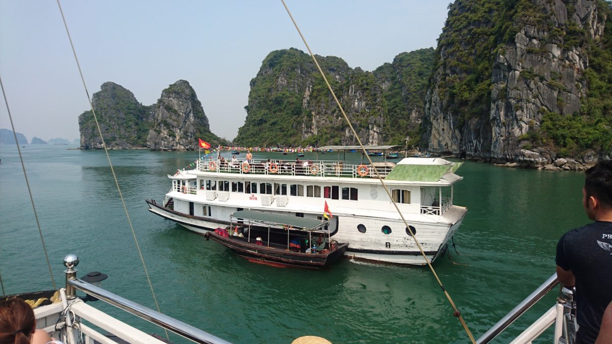The boats on Halong Bay are a curious mixture of Mississippi paddle steamers and Chinese junks