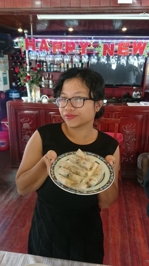 Our Halong Bay tour came with a number of entertainments including a lesson in how to cook spring rolls like a native. Unsurprisingly, Ti aced this...