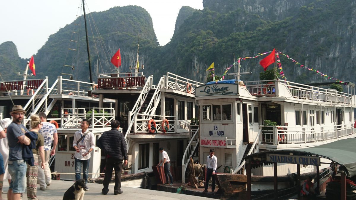 Some of the smaller cruisers dock directly at the ports of call on the Halong Bay cruise