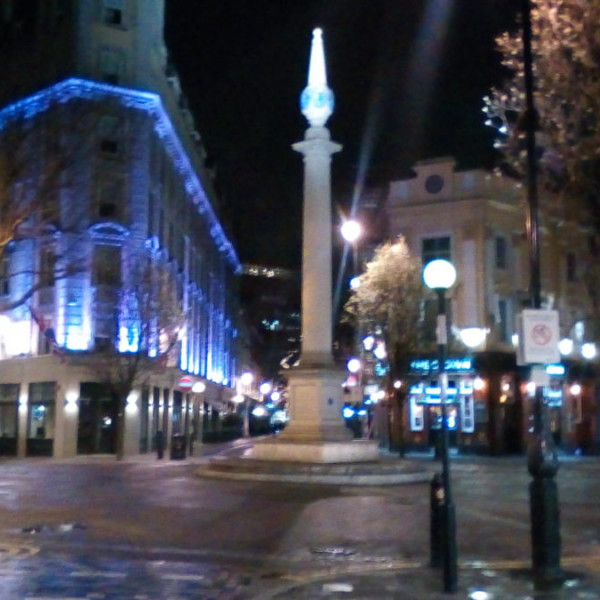 The Seven Dials, Covent Garden, devoid of cars and pedestrians at 8:00pm on a Sunday evening, 15 March 2020