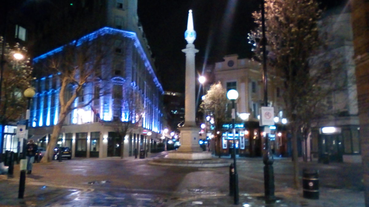 The Seven Dials, Covent Garden, devoid of cars and pedestrians at 8:00pm on a Sunday evening, 15 March 2020