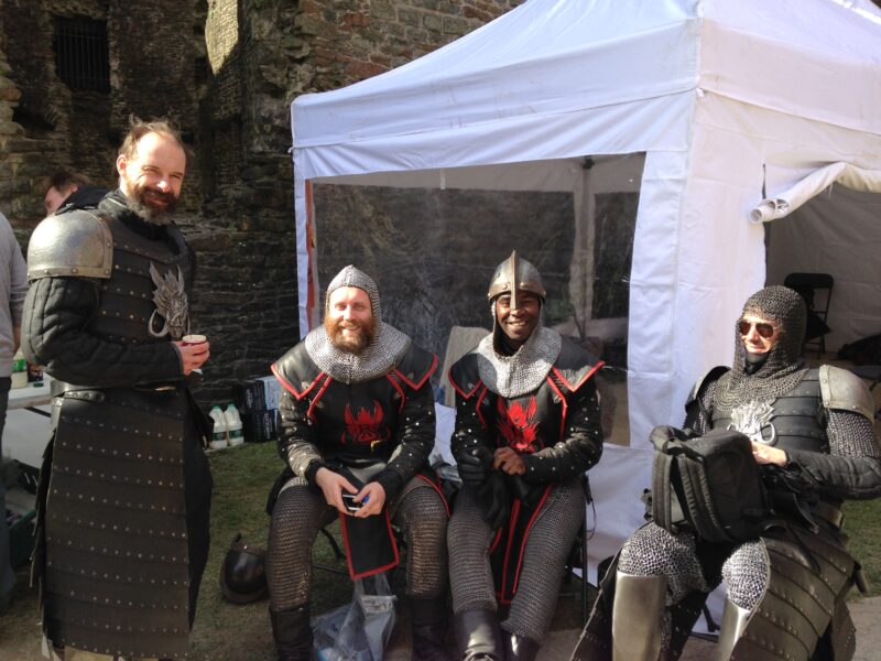 Knights inaction. Sitting around between takes at Carmarthen Castle filming Robot Of Sherwood for Dr Who
